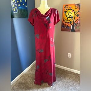 Jessica Howard long red dress with black floral pattern. Size 16.